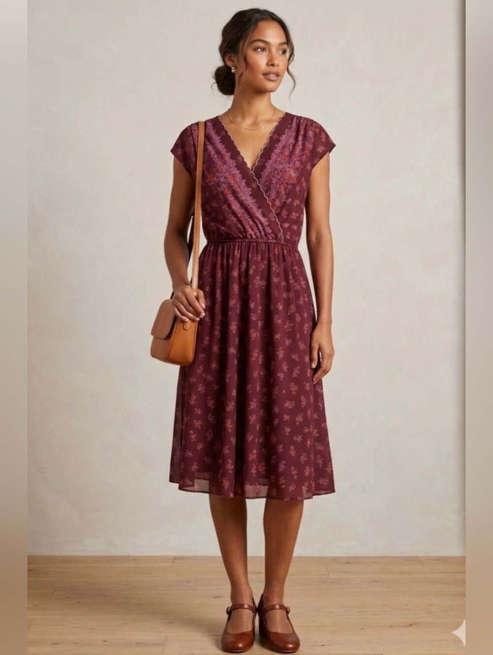 Vintage Sue Brett Maroon Floral Midi Dress